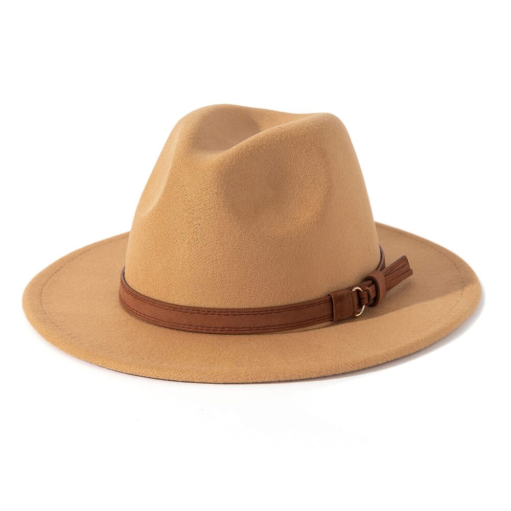 8439 & Vintage Wide Brim Fedora Hat with Belt Buckle A-Camel 59-60cm